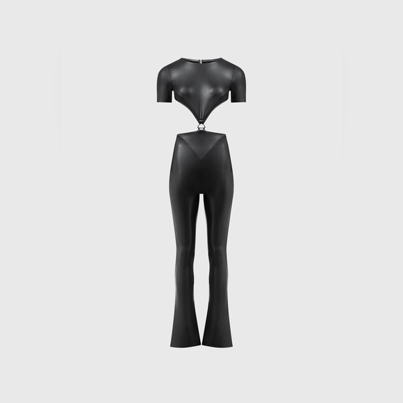 Maniere De Voir Vegan Leather Backless Jumpsuit - Black - Picture 3 of 3